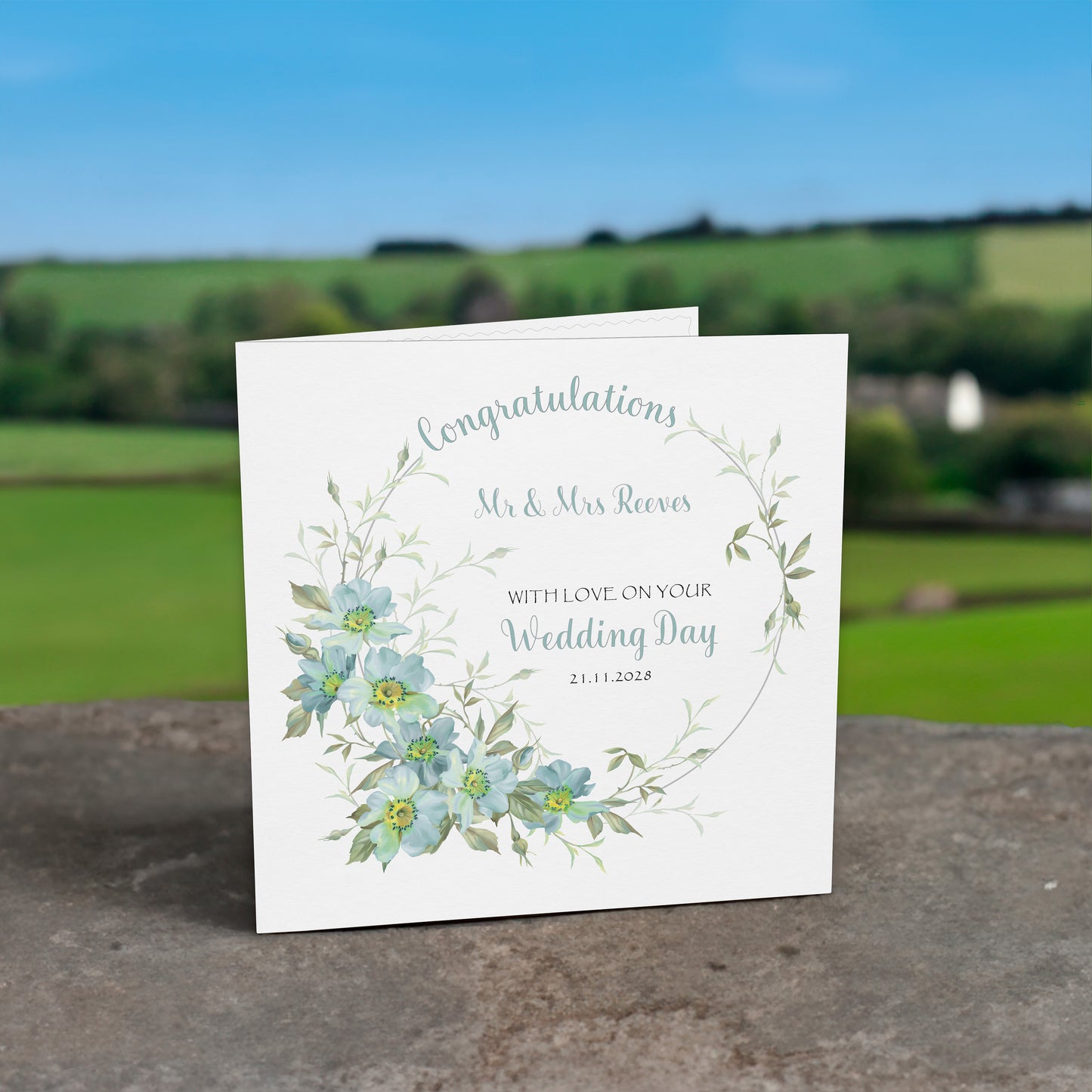 Personalised Wedding Card (Flowers) - Turquoise
