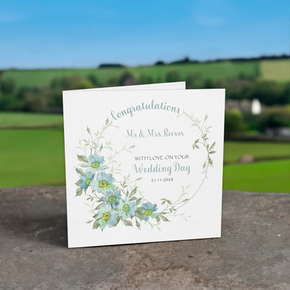 Personalised Wedding Card (Flowers) - Turquoise