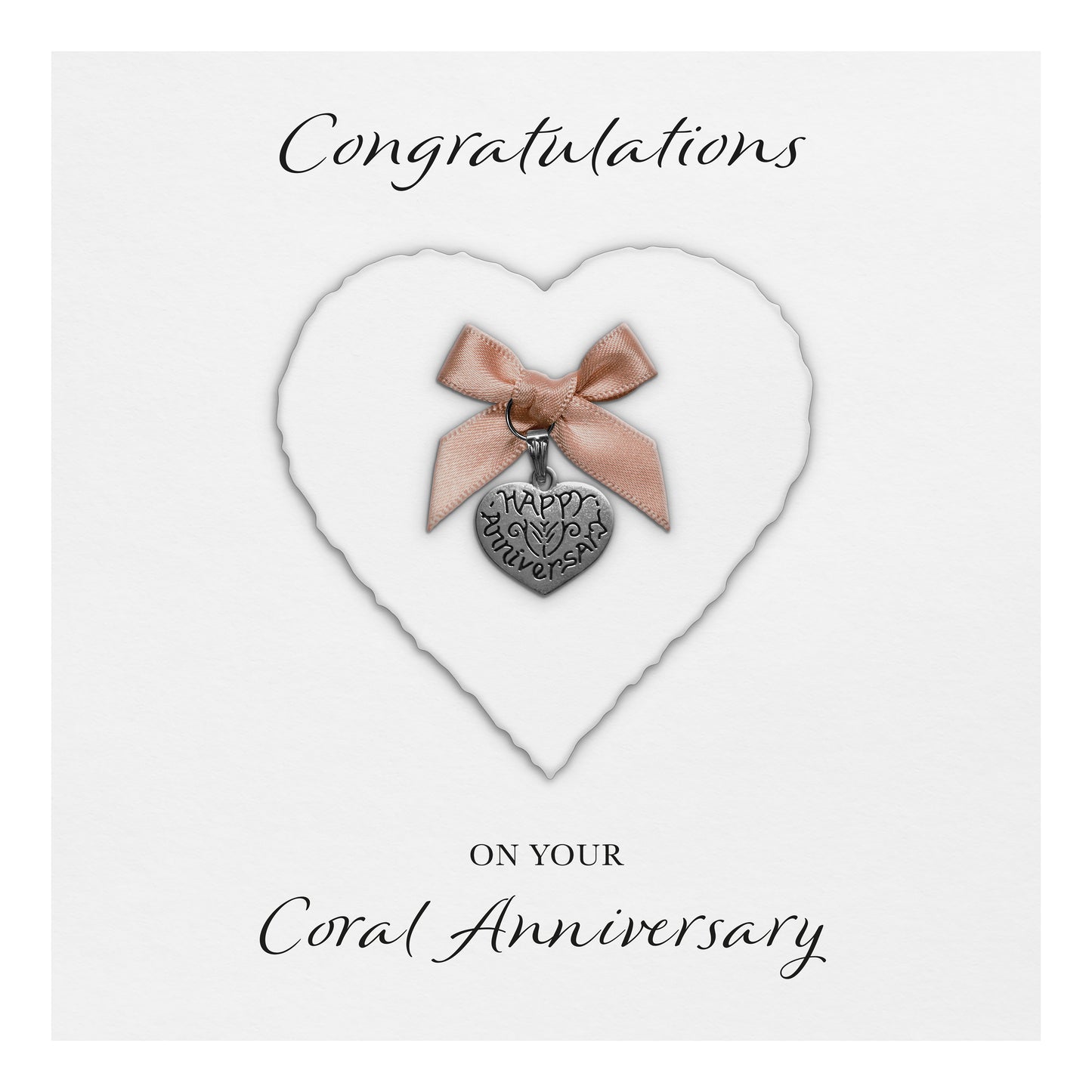 Coral 35th Anniversary Card (Heart Charm & Bow) - White Cardstock