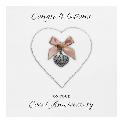 Coral 35th Anniversary Card (Heart Charm & Bow) - White Cardstock