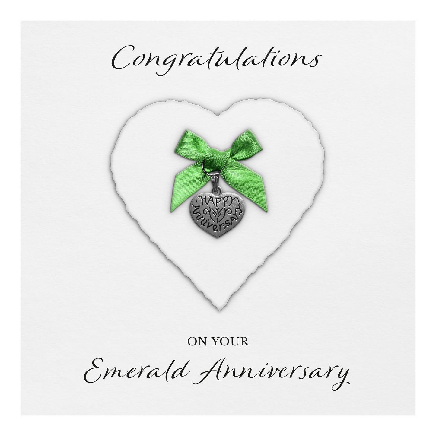 Emerald 55th Anniversary Card (Heart Charm & Bow) - White Cardstock