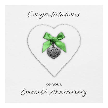 Emerald 55th Anniversary Card (Heart Charm & Bow) - White Cardstock
