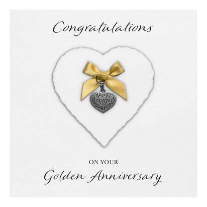 Golden 50th Anniversary Card (Heart Charm & Bow) - White Cardstock