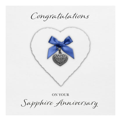 Sapphire 45th Anniversary Card (Heart Charm & Bow) - White Cardstock