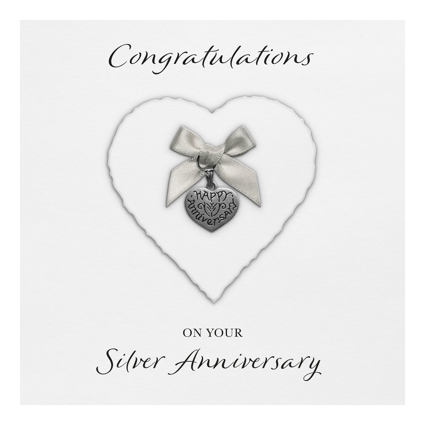 Silver 25th Anniversary Card (Heart Charm & Bow) - White Cardstock
