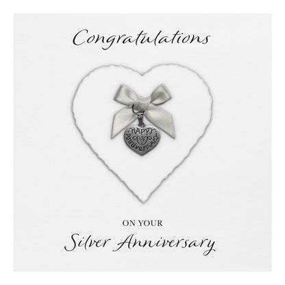 Silver 25th Anniversary Card (Heart Charm & Bow) - White Cardstock