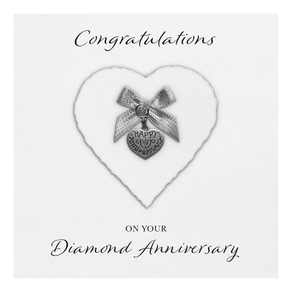 Diamond 60th Anniversary Card (Heart Charm & Bow) - White Cardstock