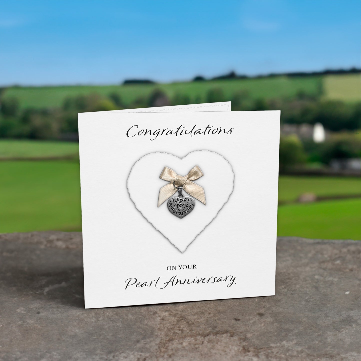 Anniversary Card "Heart Charm & Bow" (White Cardstock)