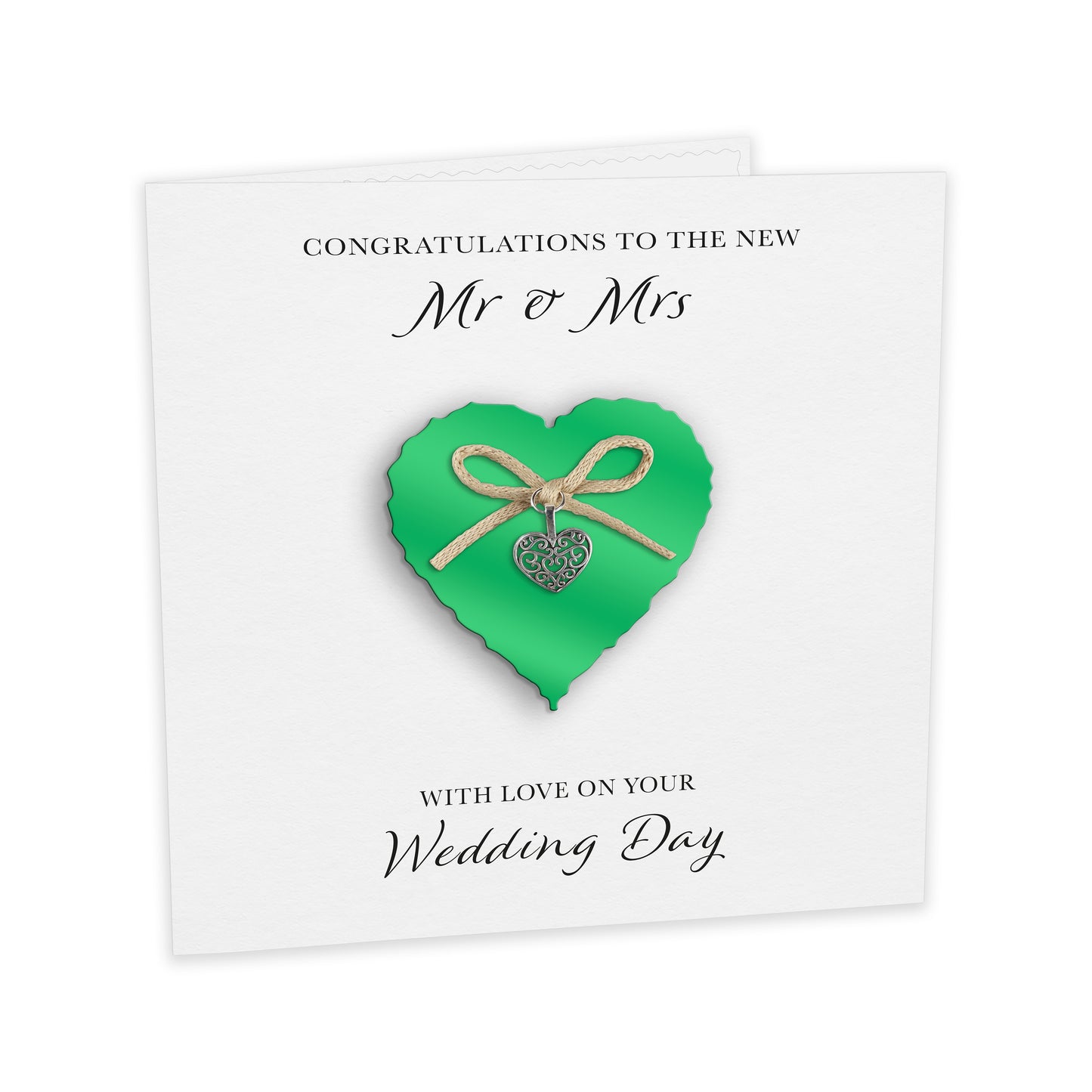 Wedding Day Card (Heart Charm & Bow) - Emerald Heart / White Cardstock