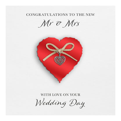 Wedding Day Card (Heart Charm & Bow) - Ruby Heart / White Cardstock