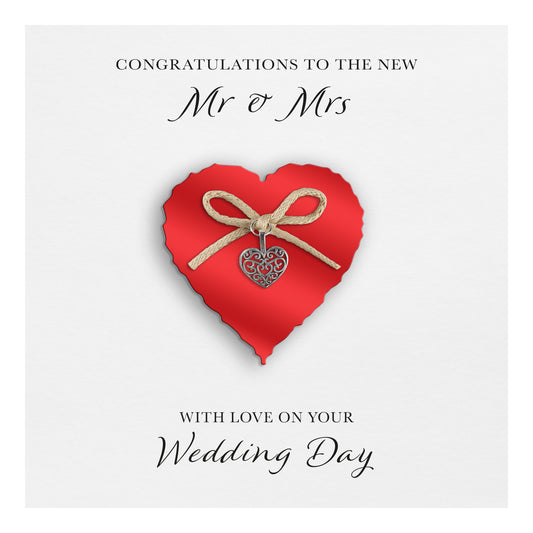 Wedding Day Card (Heart Charm & Bow) - Ruby Heart / White Cardstock