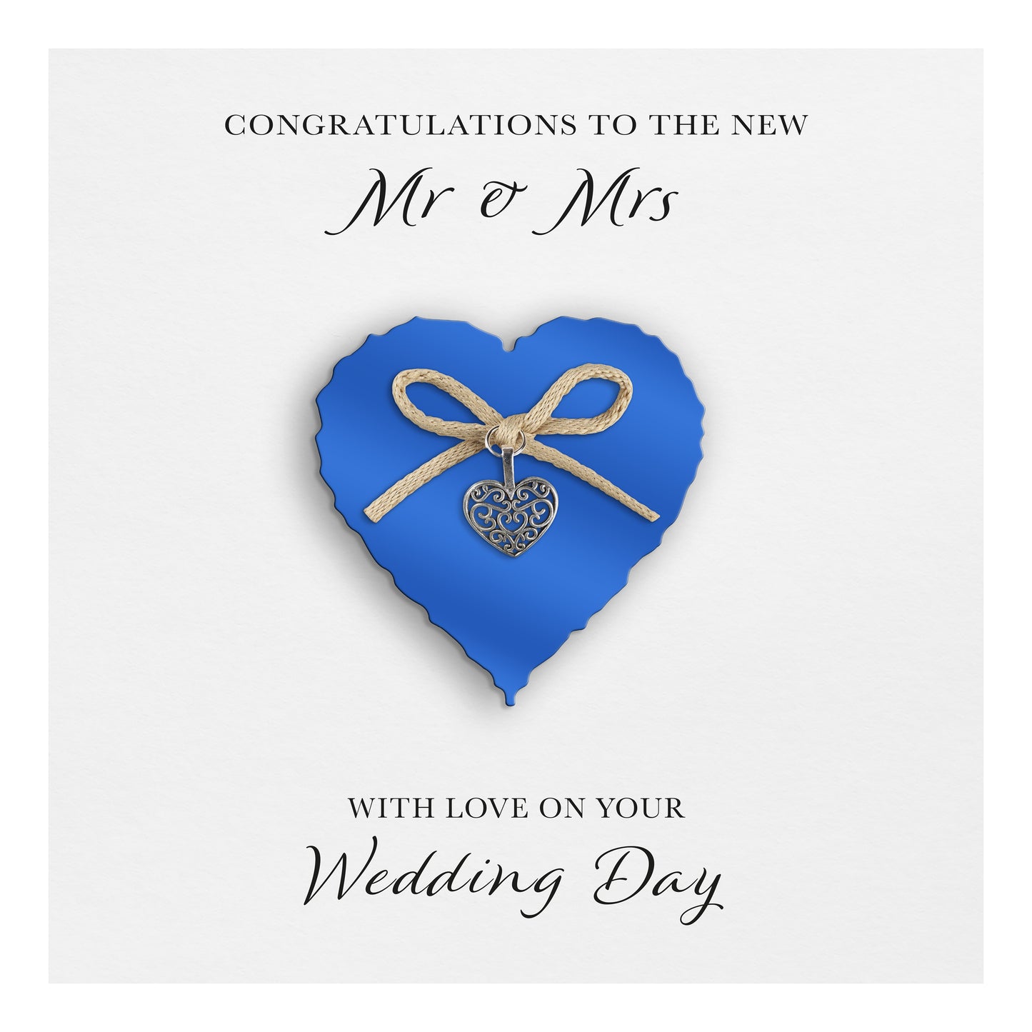 Wedding Day Card (Heart Charm & Bow) - Sapphire Heart / White Cardstock