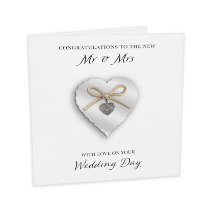 Wedding Day Card (Heart Charm & Bow) - Silver Heart / White Cardstock