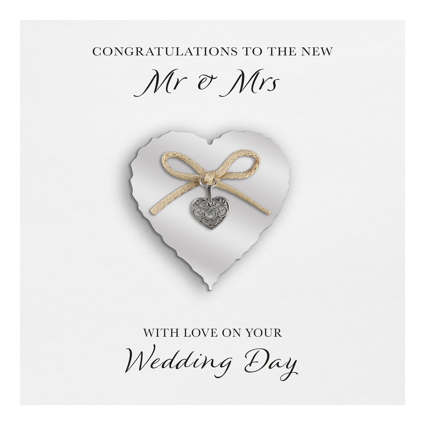 Wedding Day Card (Heart Charm & Bow) - Silver Heart / White Cardstock
