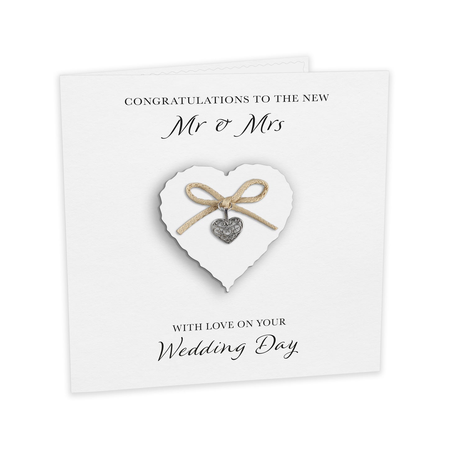 Wedding Day Card (Heart Charm & Bow) - White Heart / White Cardstock