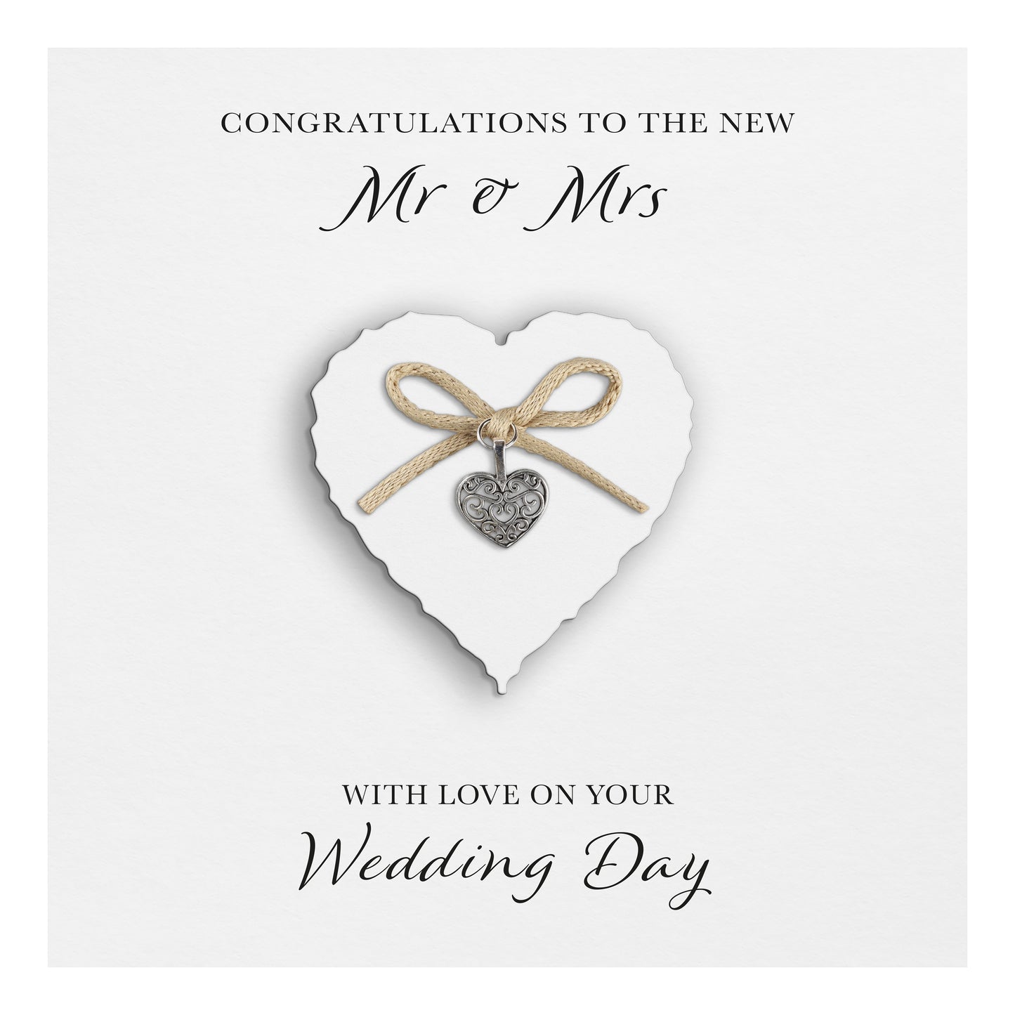 Wedding Day Card (Heart Charm & Bow) - White Heart / White Cardstock
