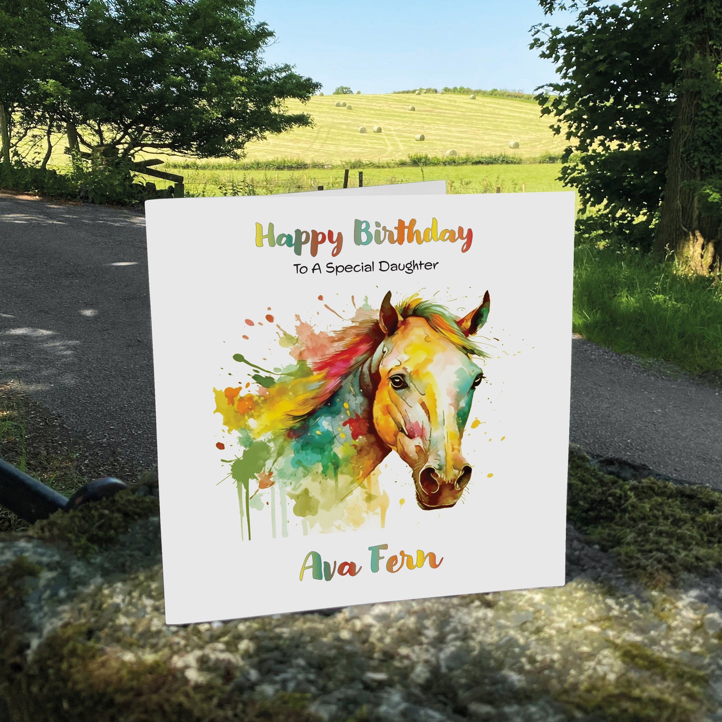 Personalised Birthday Card (Watercolour Horse) - Yellow Sun
