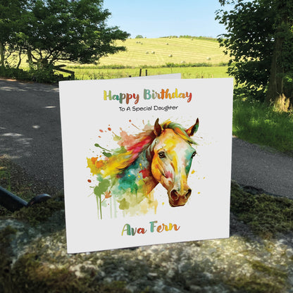Personalised Birthday Card (Watercolour Horse) - Yellow Sun