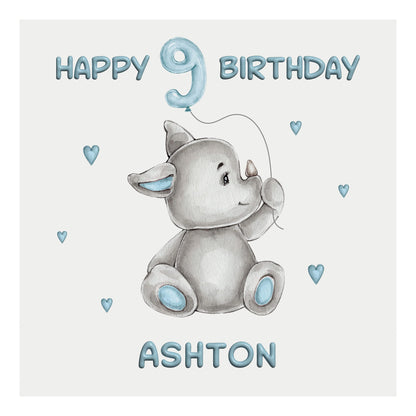 Personalised Birthday Card Balloon Animals (Rhino)  - Blue