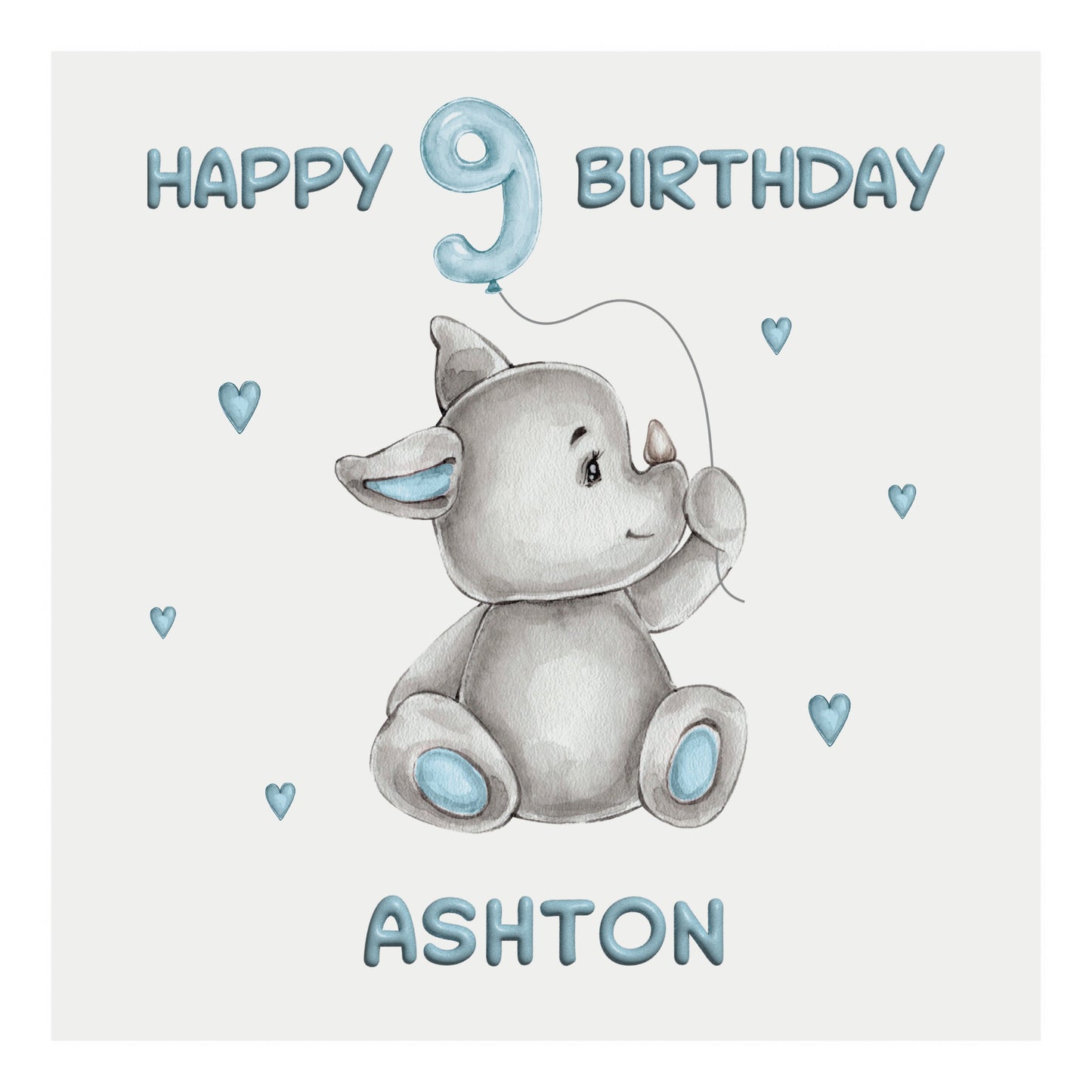 Personalised Birthday Card Balloon Animals (Rhino)  - Blue