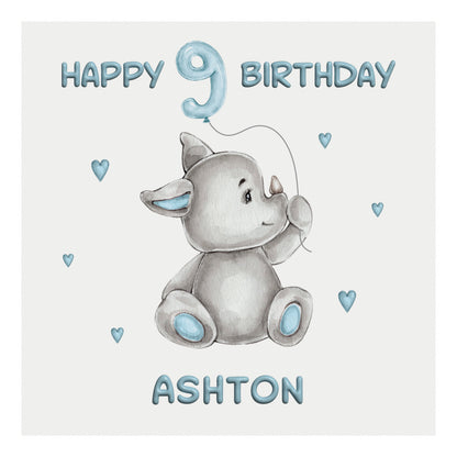 Personalised Birthday Card Balloon Animals (Rhino)  - Blue