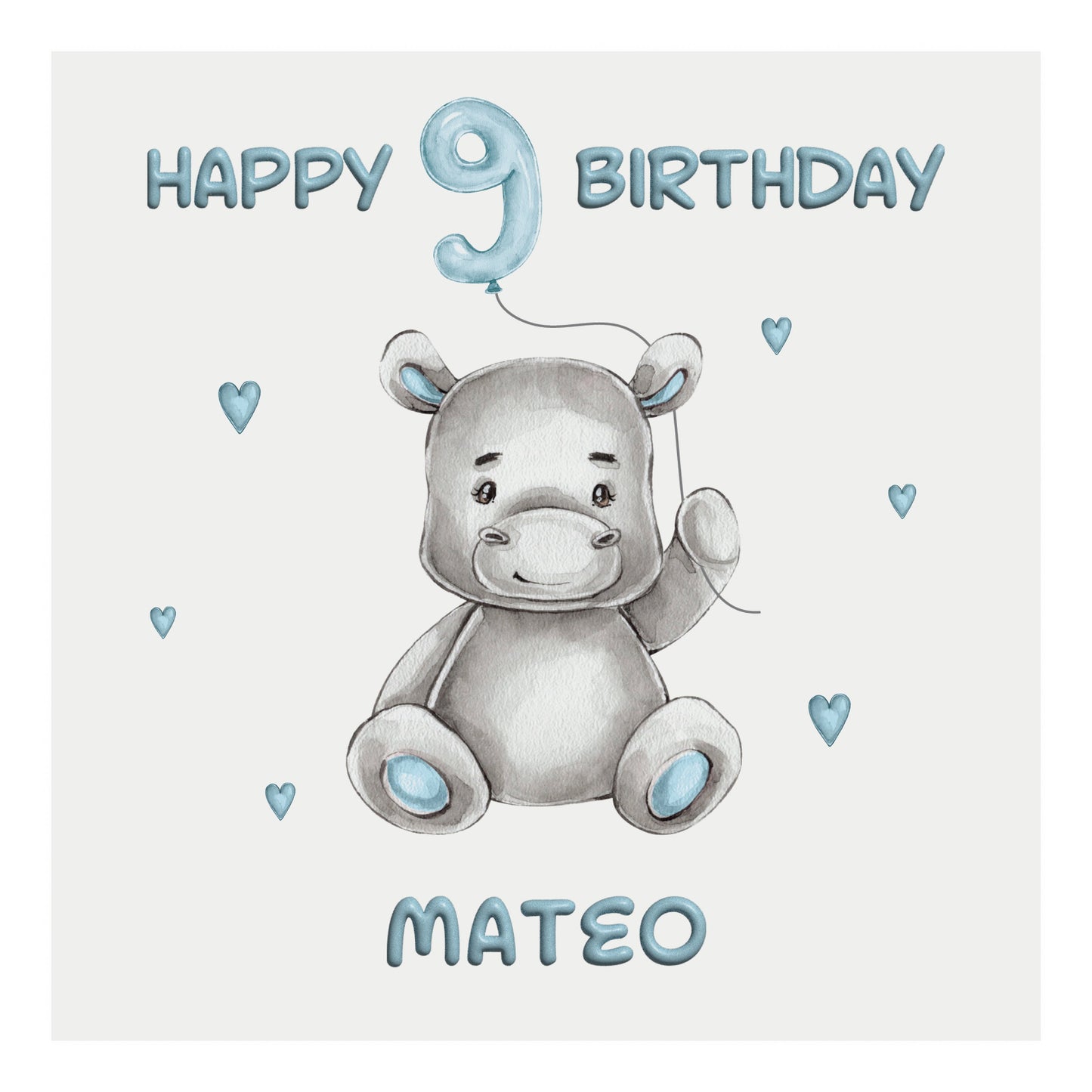 Personalised Birthday Card Balloon Animals (Hippo)  - Blue