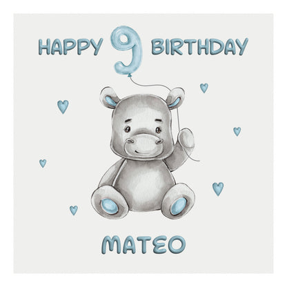 Personalised Birthday Card Balloon Animals (Hippo)  - Blue