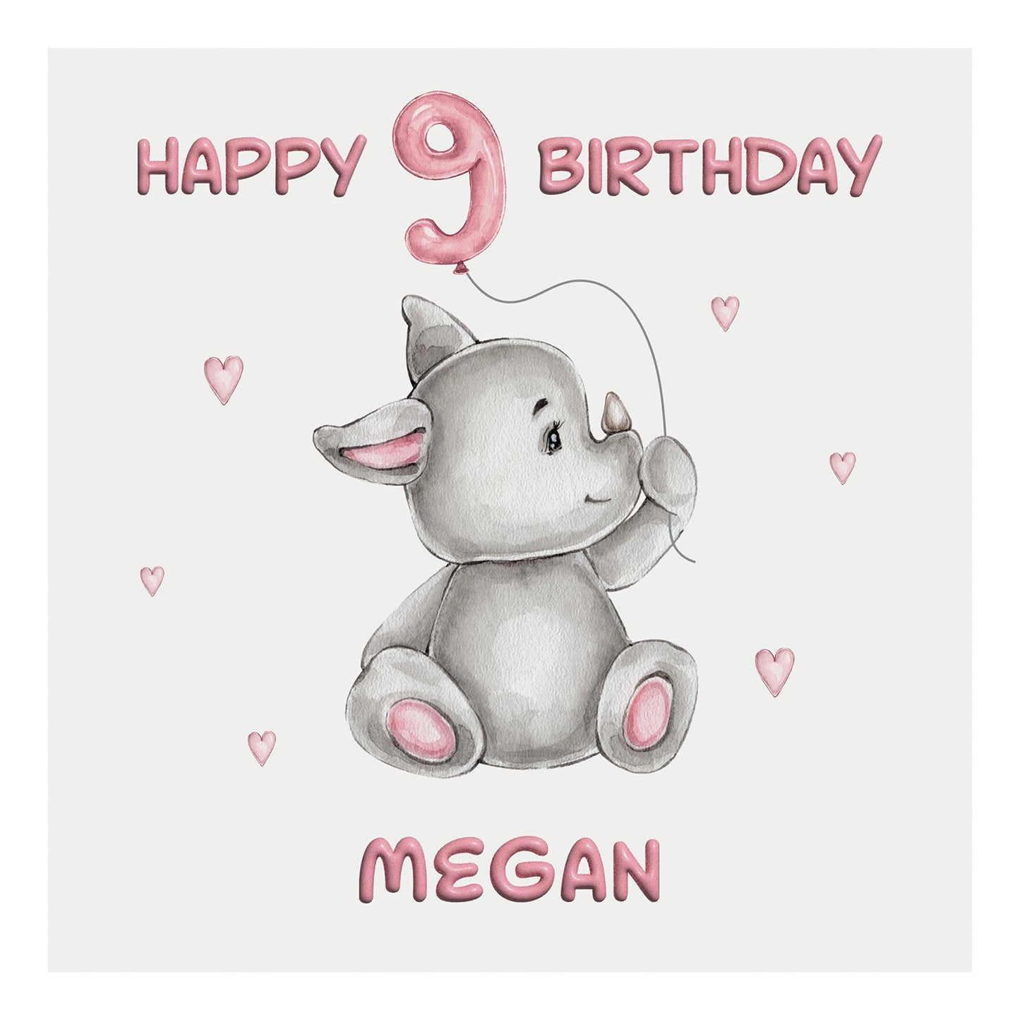 Personalised Birthday Card Balloon Animals (Rhino) - Pink