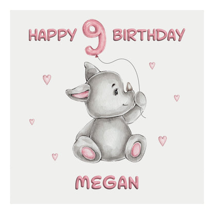 Personalised Birthday Card Balloon Animals (Rhino) - Pink