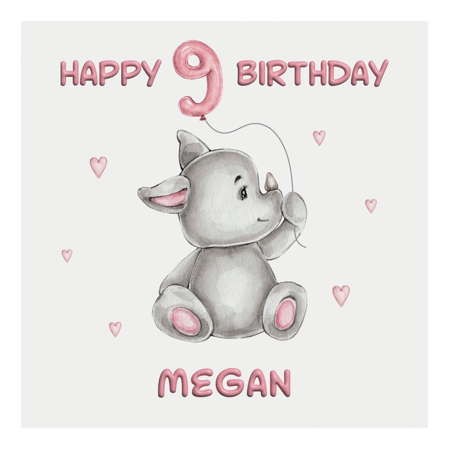 Personalised Birthday Card Balloon Animals (Rhino) - Pink