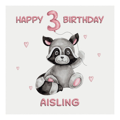 Personalised Birthday Card Balloon Animals (Raccoon) - Pink