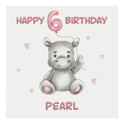 Personalised Birthday Card Balloon Animals (Hippo)  - Pink