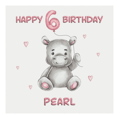 Personalised Birthday Card Balloon Animals (Hippo)  - Pink
