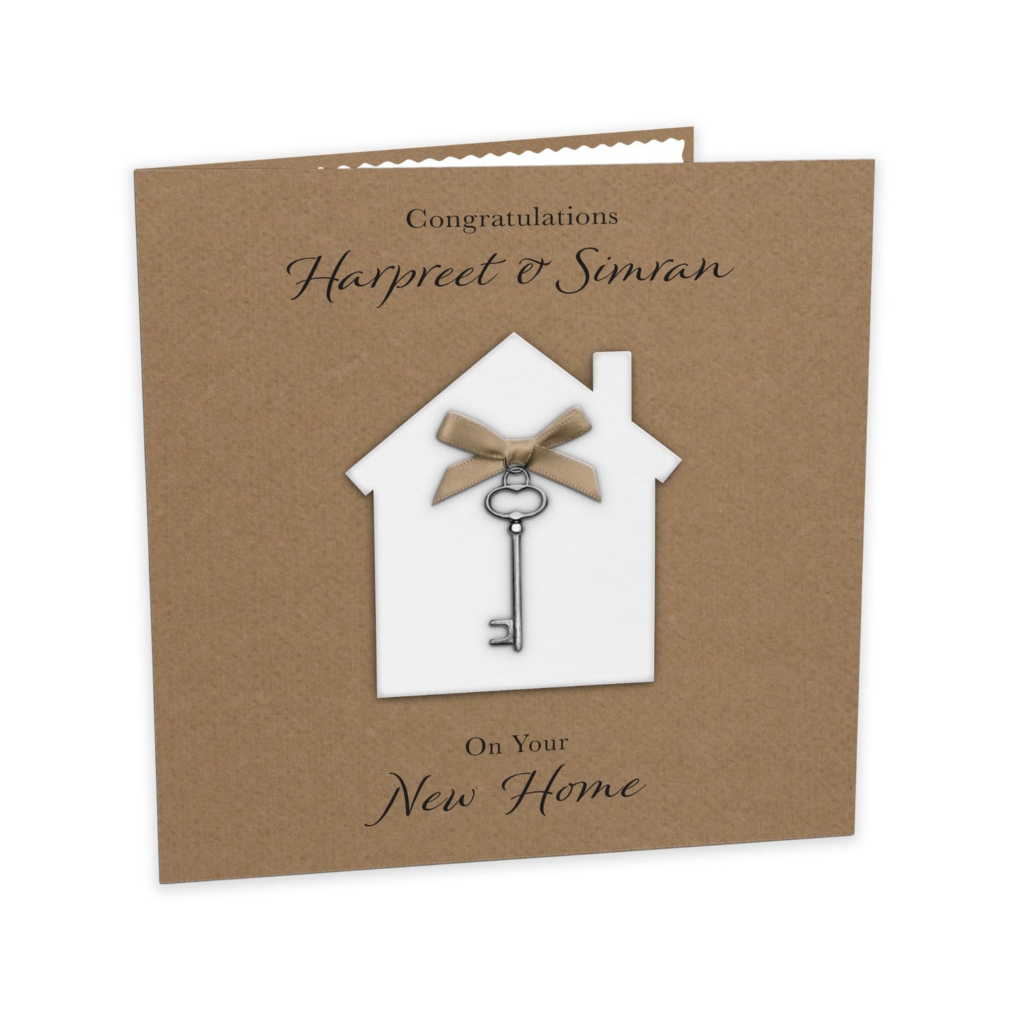 Personalised New Home Card (Key Charm & Bow) - Kraft Cardstock