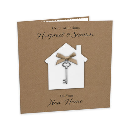 Personalised New Home Card (Key Charm & Bow) - Kraft Cardstock