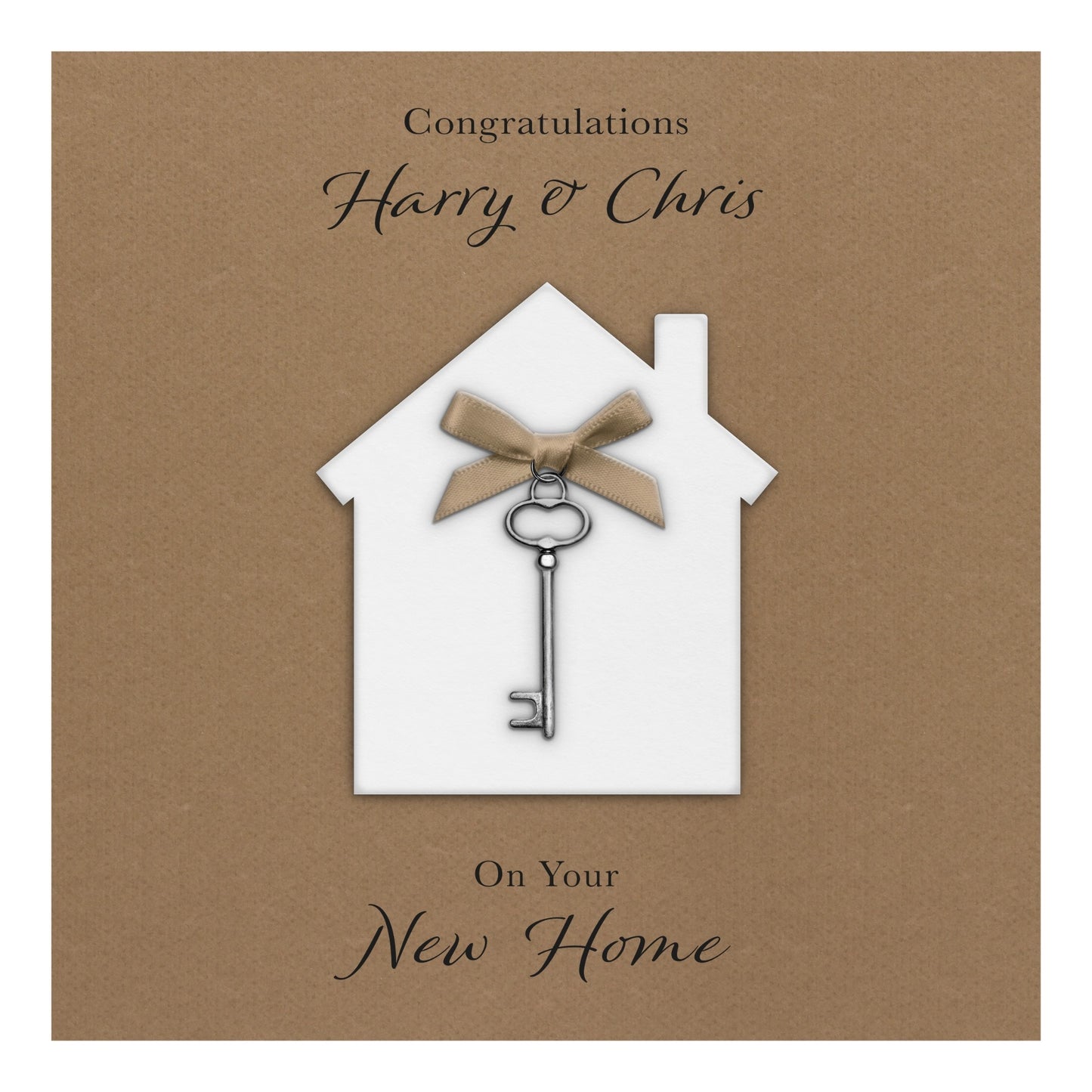Personalised New Home Card (Key Charm & Bow) - Kraft Cardstock