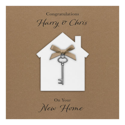 Personalised New Home Card (Key Charm & Bow) - Kraft Cardstock
