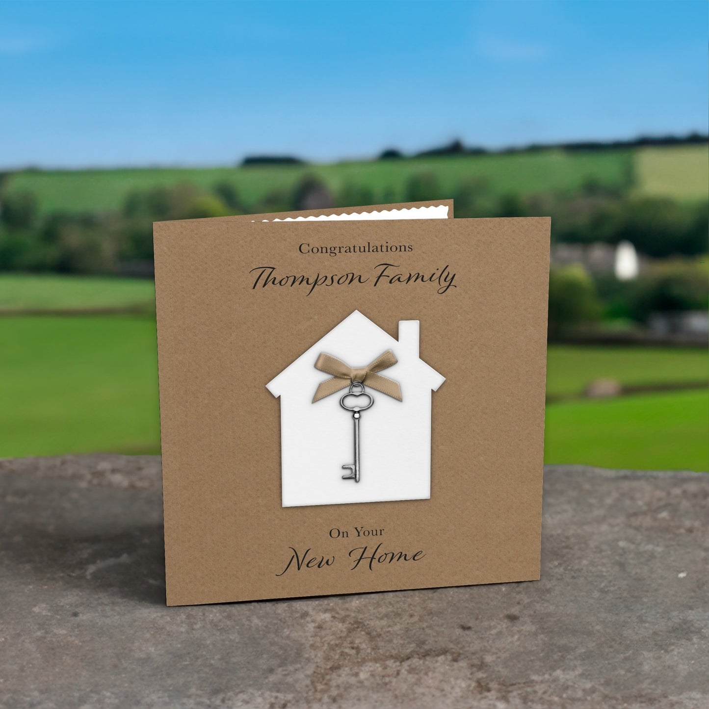 Personalised New Home Card (Key Charm & Bow) - Kraft Cardstock