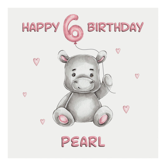 Personalised Birthday Card Balloon Animals (Hippo)  - Pink
