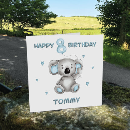 Personalised Birthday Card Balloon Animals (Koala)  - Blue