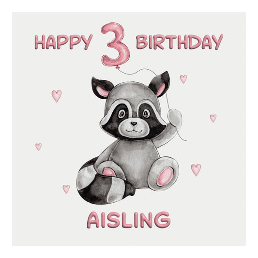 Personalised Birthday Card Balloon Animals (Raccoon) - Pink