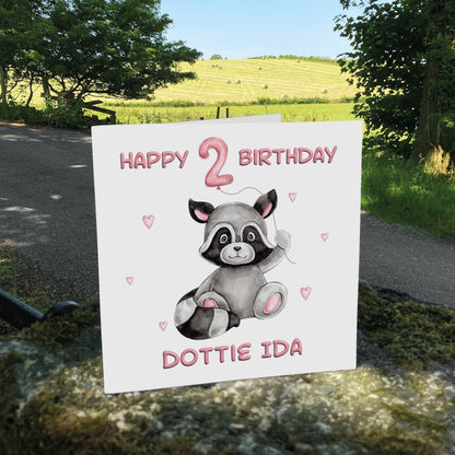 Personalised Birthday Card Balloon Animals (Raccoon) - Pink