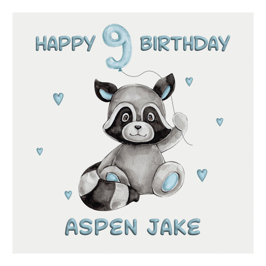 Personalised Birthday Card Balloon Animals (Raccoon)