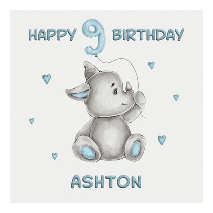 Personalised Birthday Card Balloon Animals (Rhino)  - Blue