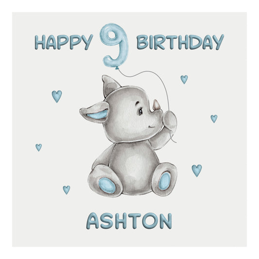 Personalised Birthday Card Balloon Animals (Rhino)  - Blue