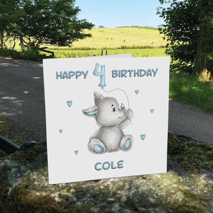 Personalised Birthday Card Balloon Animals (Rhino)  - Blue