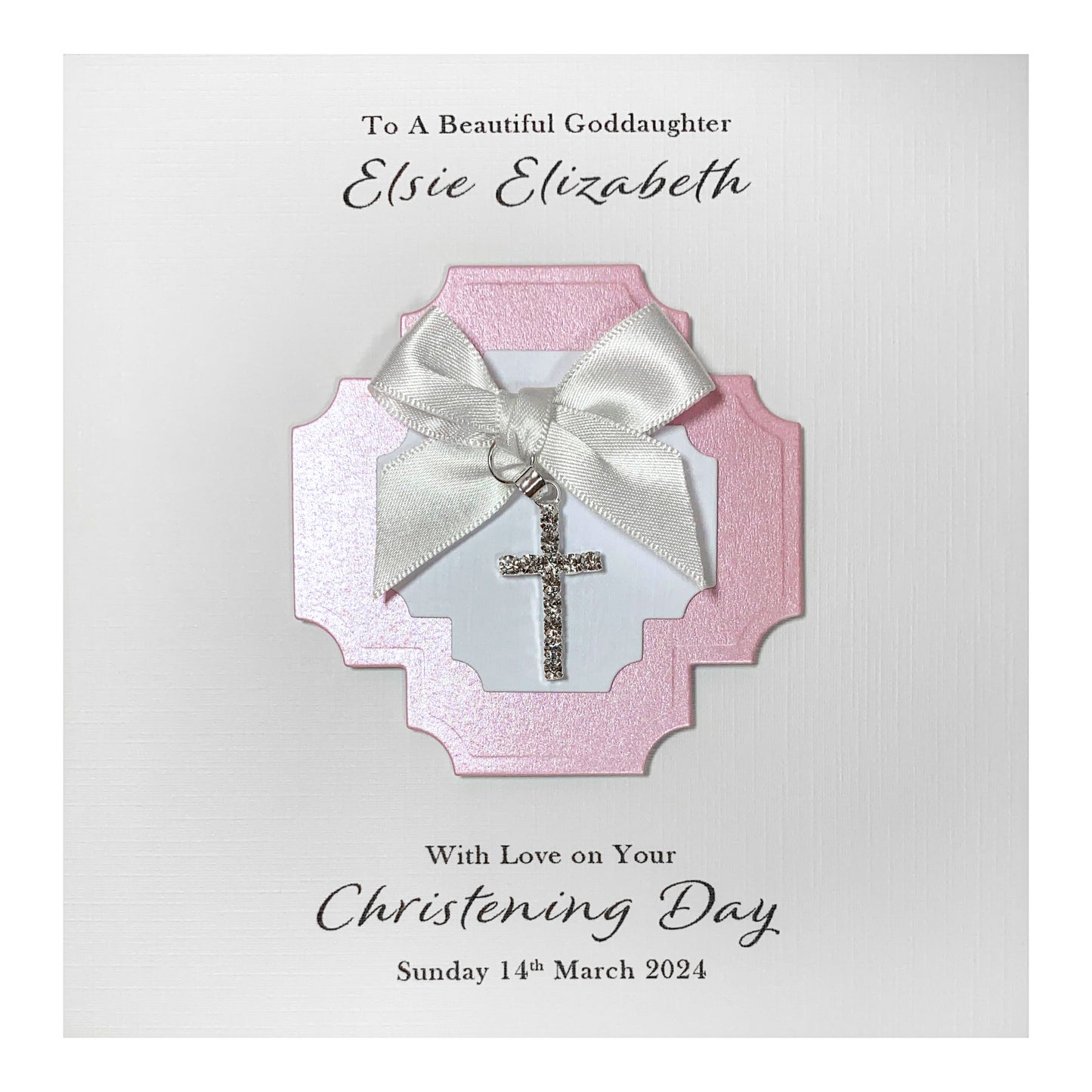 Personalised Christening Card (Pink, Cross Charm)