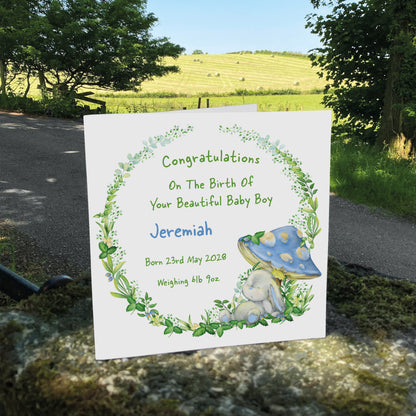 Personalised New Baby Card (Mushroom Bunny) - Blue